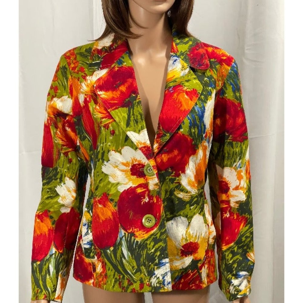 VINTAGE Chico's Vibrant Multicolor Tulip Poppy Patterned Blazer - Size 1 (US M)